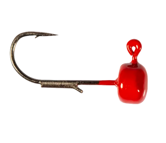A single fishing jig head with a bright red glossy body and a dark metal hook, shown against a plain white background.