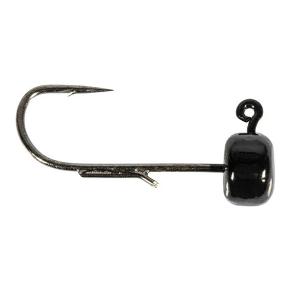 A single fishing jig head with a black glossy bead and a silver wire hook, isolated on a white background.