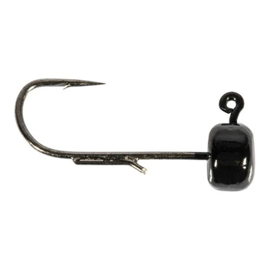 A single fishing jig head with a black glossy bead and a silver wire hook, isolated on a white background.