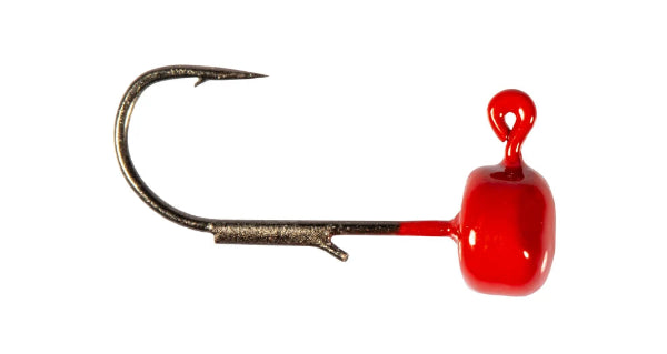 A fishing jig lure with a metallic silver hook and a glossy red head, isolated on a white background.