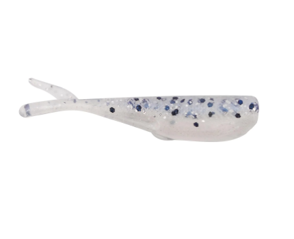 A translucent white soft plastic fishing lure shaped like a small fish, featuring blue and black glitter speckles, shown against a plain white background.