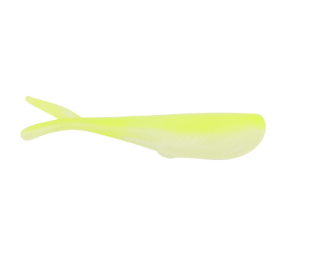 A single soft plastic fishing lure shaped like a small baitfish, shown in a translucent neon yellow-green color on a plain white background.