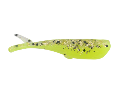 A soft plastic fishing lure shaped like a small fish, in translucent neon chartreuse green with black and gold glitter, shown on a plain white background.