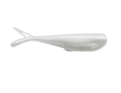 A white silicone fishing lure shaped like a small fish, shown from a side profile against a solid white background.
