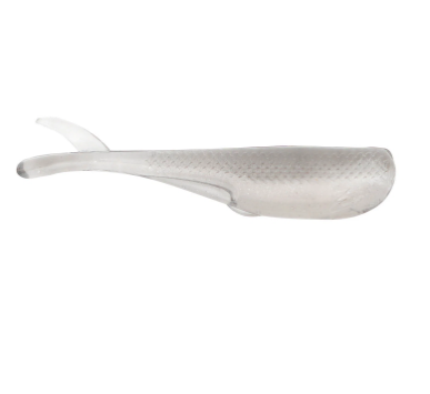 Translucent grey soft plastic fishing lure with textured sides and paddle tail.