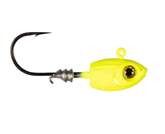 A bright neon yellow fishing jig lure with a realistic eye and a black metal hook, shown against a plain white background.