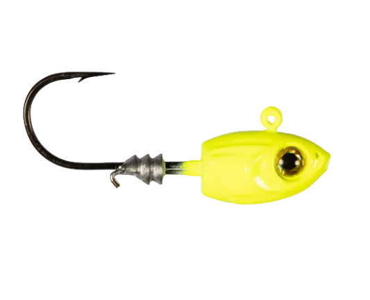 A bright neon yellow fishing jig lure with a realistic eye and a black metal hook, shown against a plain white background.