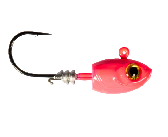 A pink fishing jig lure with a realistic eye and a black hook, shown against a plain white background.