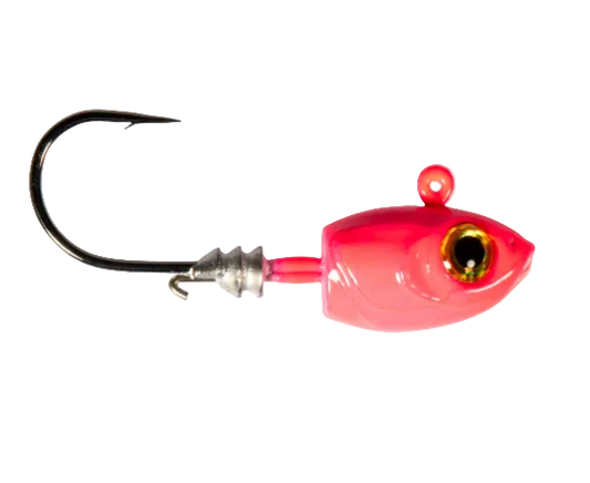 A pink fishing jig lure with a realistic eye and a black hook, shown against a plain white background.