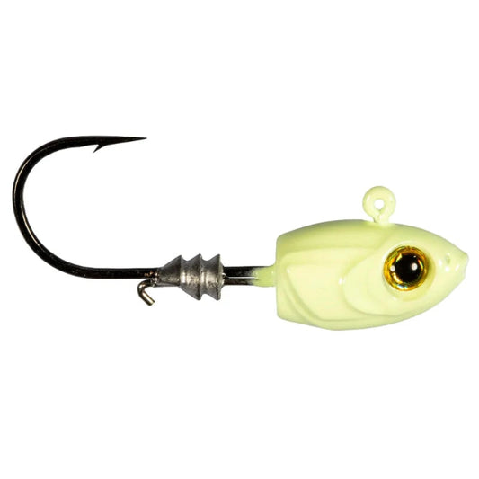 A fishing jig lure with a pale yellow-green body, a realistic gold and black eye, a silver metal swivel, and a large black hook.
