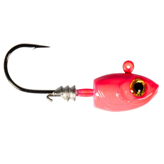 Glossy pink shad jig head with gold eye and dark hook.