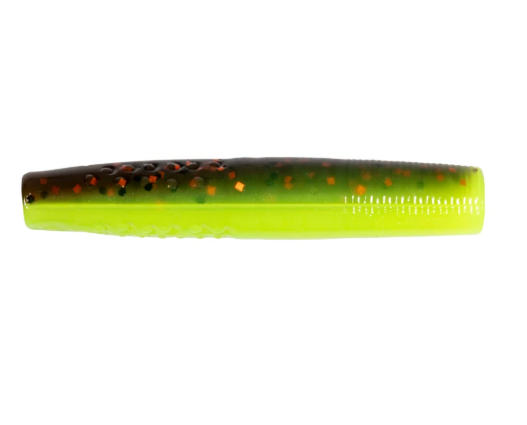 A soft plastic fishing lure with a bright neon yellow-green body, a dark olive-green top half, and orange glitter speckles, shown against a plain white background.