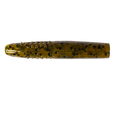 Green pumpkin soft plastic fishing lure with black flakes and textured bumps.