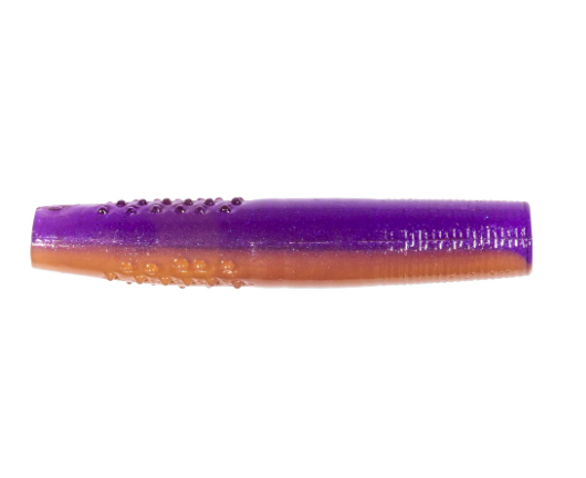A soft plastic fishing lure tail section with a purple top half featuring textured dimples and a translucent orange-brown bottom half, shown against a plain white background.