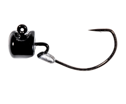 A black and silver fishing jig lure with a curved hook, shown against a plain white background.
