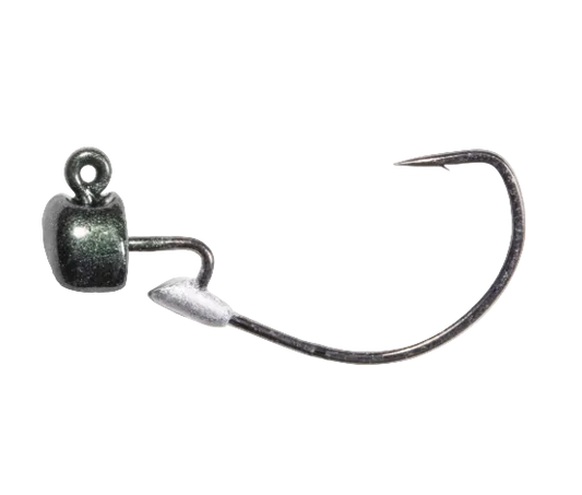 A single fishing jig hook with a dark metallic head and a silver-toned barbed point, isolated on a plain white background.