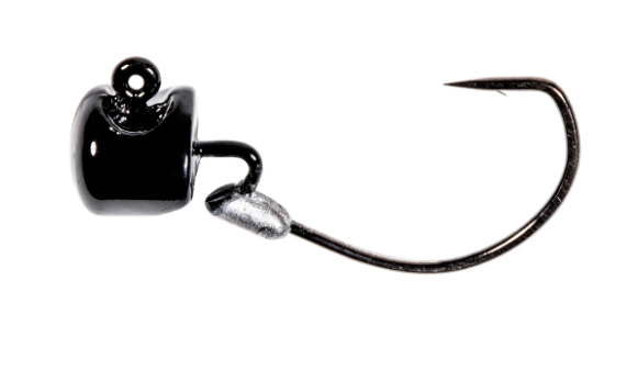 Shiny black jig head with a wide gap hook and silver lead weight.
