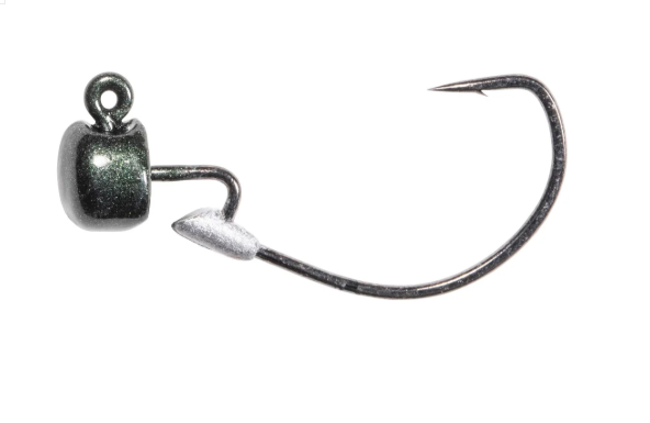 A single fishing jig hook with a metallic dark green and silver head, shown on a plain white background.
