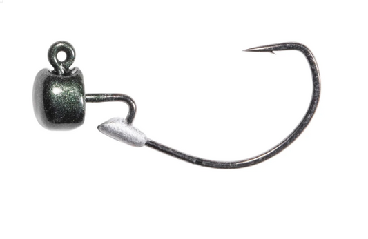 A single fishing jig hook with a metallic dark green and silver head, shown on a plain white background.