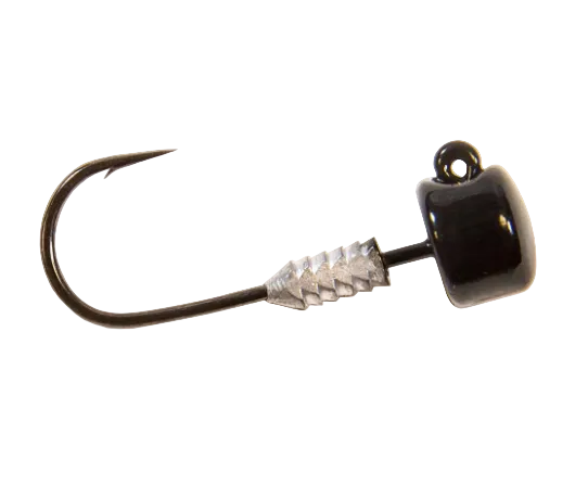A black and silver jig head fishing lure with a sharp hook, shown against a plain white background.