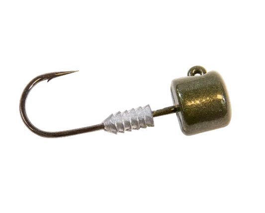 A fishing jig lure with a dark olive green metallic top, a silver ribbed skirt, and a dark metal hook, shown against a plain white background.