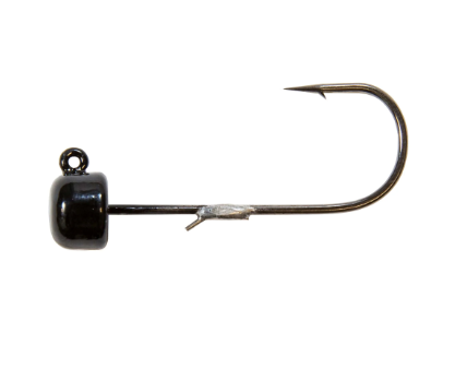 A single black fishing jig head with a metal hook, isolated on a solid white background.