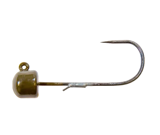 A single fishing jig hook with a metallic silver-toned body and a small round olive-green bead head, shown against a plain white background.