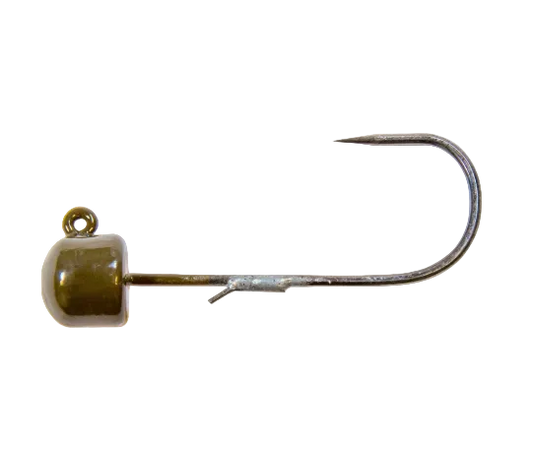 A single fishing jig hook with a metallic silver-toned body and a small round olive-green bead head, shown against a plain white background.