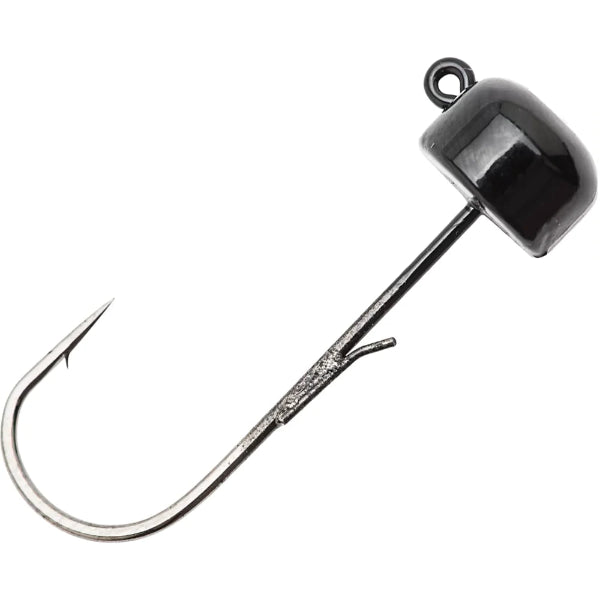 A single fishing jig lure with a glossy black dome-shaped head and a silver metal hook, shown on a plain white background.