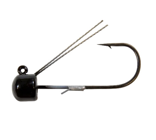 A black jig head fishing lure with a split barb wire tail and a single sharp hook, shown against a plain white background.