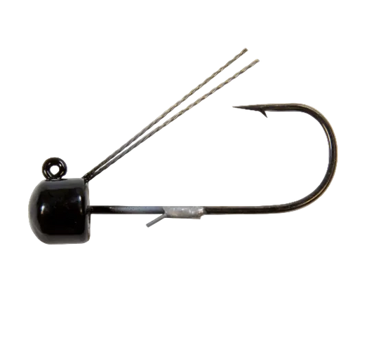 A black jig head fishing lure with a split barb wire tail and a single sharp hook, shown against a plain white background.