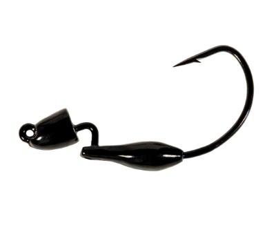 A glossy black fishing jig head with a curved hook, isolated on a solid white background.