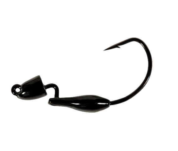 A glossy black fishing jig head with a curved hook, shown against a plain white background.