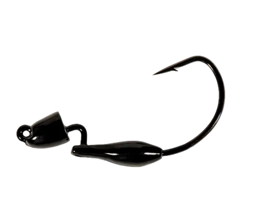 A glossy black fishing jig head with a curved hook, shown against a plain white background.