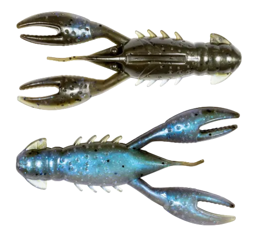 Two soft plastic crawfish fishing lures shown on a plain white background, one with a dark olive-brown body and the other with a blue-green glittery body.