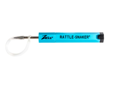 A bright blue Z-MAN Rattle-Snaker tool with a clear plastic lanyard and a silver metal tip, shown against a plain white background.