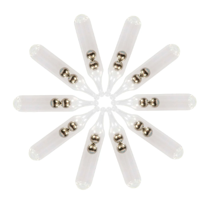 Ten clear plastic fishing rattles, each containing two shiny silver spheres.