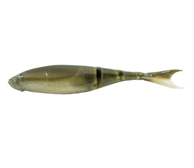 A soft plastic fishing lure shaped like a small fish, shown in profile against a plain white background.