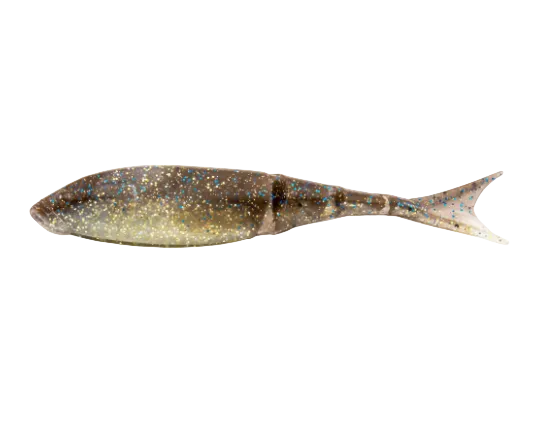 A soft plastic fishing lure shaped like a small fish, shown from the side on a plain white background. The lure has a mottled body with a dark olive-brown top, a lighter beige-gold underside, and dense blue glitter throughout.