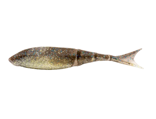 A soft plastic fishing lure shaped like a small fish, shown from the side on a plain white background. The lure has a mottled body with a dark olive-brown top, a lighter beige-gold underside, and dense blue glitter throughout.