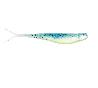 A soft plastic fishing lure shaped like a small baitfish, shown from the side on a plain white background. The lure has a translucent body with a blue top and a pale yellow-green underside, plus fine black speckling.
