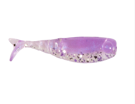 A translucent purple soft plastic fishing lure shaped like a small fish, featuring a glittery finish and dark glitter flecks, shown against a plain white background.