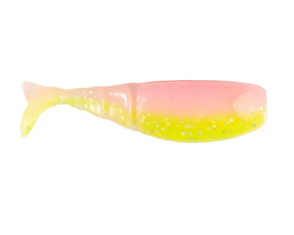 A soft plastic swimbait fishing lure shaped like a small fish, featuring a pink top that fades into a translucent yellow-green belly with fine glitter, shown against a plain white background.