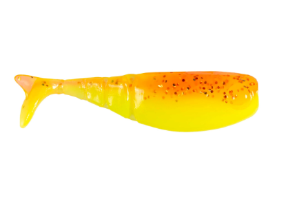 A soft plastic fishing lure shaped like a small fish, featuring a bright yellow body with an orange top and small dark speckles, shown against a plain white background.