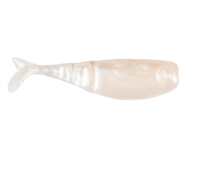 A translucent white fish-shaped soft plastic fishing lure with a pearlescent finish, isolated on a solid white background.
