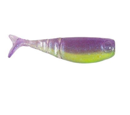 A soft plastic paddle tail swimbait fishing lure with a two-tone color scheme of purple and chartreuse yellow-green, featuring a glittery finish, isolated on a white background.