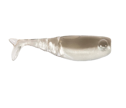 A translucent soft plastic fishing lure shaped like a small fish, shown from the side on a plain white background.