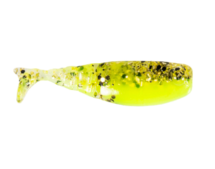 A soft plastic swimbait fishing lure shaped like a small fish, featuring a translucent chartreuse yellow-green body with embedded black glitter, shown against a solid white background.