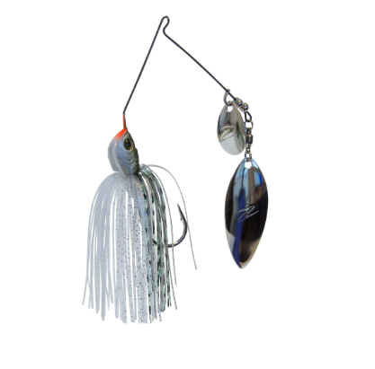 A spinnerbait fishing lure with a silver and black blade, a white skirt with black glitter, and a small orange-red top, isolated on a white background.