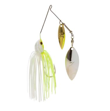 A fishing jig lure with a white and neon yellow skirt, a metal hook, and two blades in gold and silver, shown against a plain white background.